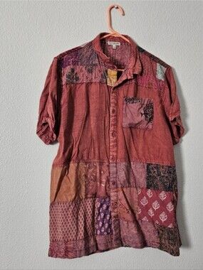 EARTHBOUND Patchwork Short-Sleeve Button-Up in Rust and Purple Sz L